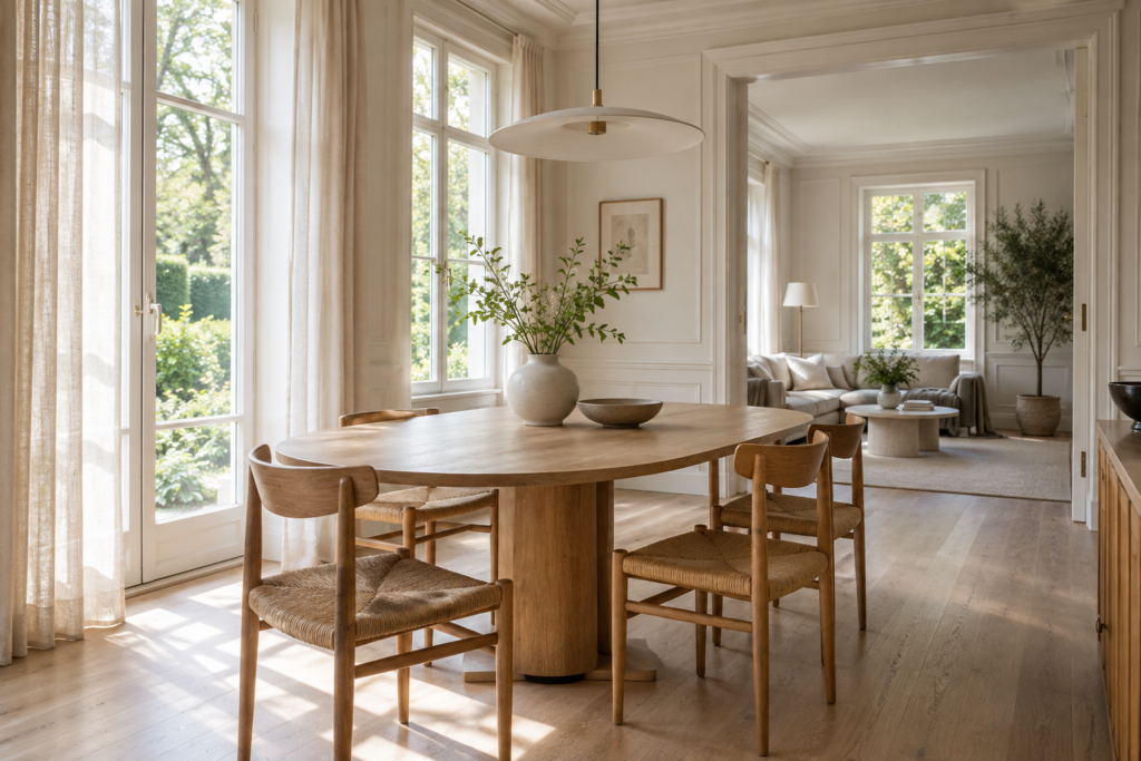Helle, gepflegte Essecke mit Blick ins Wohnzimmer — KI-generierte Illustration