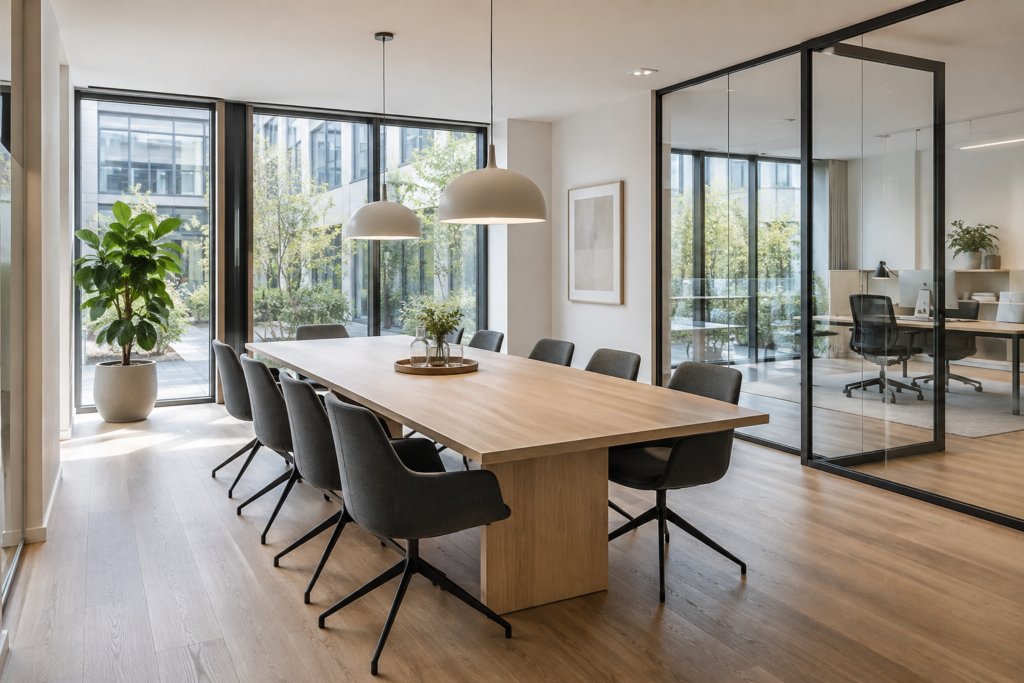 Bright office with a meeting room and glass-partitioned workspace