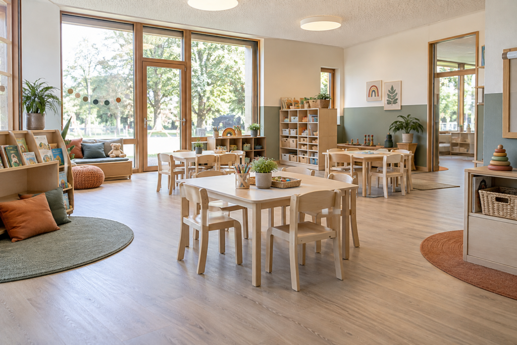 Bright learning room with wooden tables and a reading corner